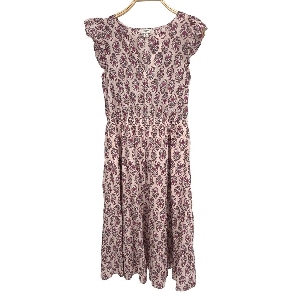 J.Crew Midi Dress Womens 8 Pink Excellent Floral Block Print Ruffle BY539 SP24